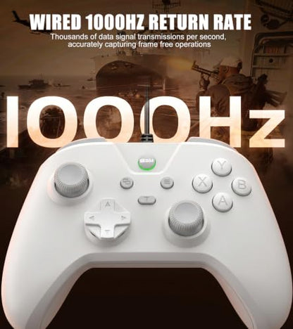 Wired Controller for Android/Tablet/Windows PC/Switch/PS4/PS3, 1000Hz Polling Rate Plug and Play Gaming Gamepad Joystick with USB C Adapter, Dual Motors, Turbo, 6.56ft Cable,Ultra-Low Latency -White - color: White