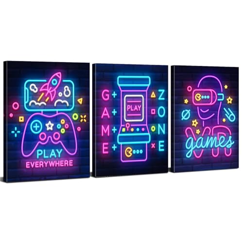 Neon Light Gaming Posters Canvas Wall Art Gamer Room Decor for Boys Set of 3 Video Game Picture Inspirational Quote Games Controller Console Artwork for Men Teen Bedroom Home Decoration 16x24"x3P - color: Gaming01, size: 16x24 Inch