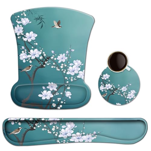 Ergonomic Memory Foam Keyboard Mouse Pad Set with Rest Wrist Cushion Support for Laptop/Notebook/Desktop/Computer/Gaming/Home/Office/Desk, Comfortable & Lightweight (Birds & White Flowers) - color: Kmwrp-20
