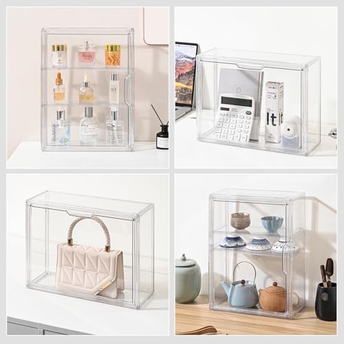 3 Tier Clear Display Case for Figures, Wall-Mounted Acrylic Storage Organizer Box, Stackable Display Cabinet with Magnetic Door & Removable Shelves, Showcase for Collectibles, Figures