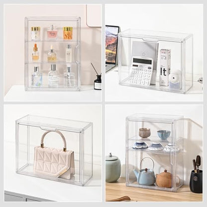 3 Tier Clear Display Case for Figures, Wall-Mounted Acrylic Storage Organizer Box, Stackable Display Cabinet with Magnetic Door & Removable Shelves, Showcase for Collectibles, Figures