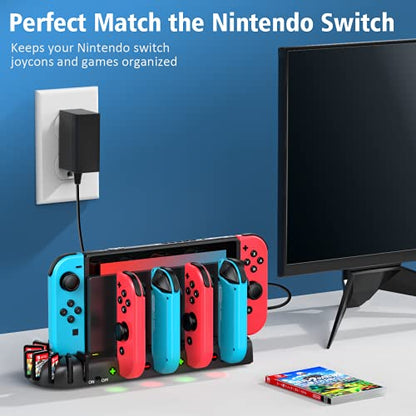 Switch Controller Charger Dock Station Compatible with Nintendo Switch Accessories & OLED Model Joycons, KDD Joycon Charging Dock Station with Upgraded 8 Game Storages, Game Accessories
