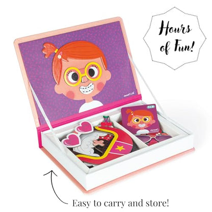 Janod MagnetiBook 66 pc Magnetic Girl Crazy Face Dress Up Game - Ages 3+ - Creative Play - Enhances Creativity and Learning - Includes 55 Magnetic Pieces and 10 Cards | Ideal for Kids Ages 3+ - Enhances Creativity and Learning - Fun Travel Activity - Incl