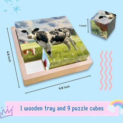 6-in-1 Wooden Animal Puzzle – Montessori Cube Toy for Kids – Realistic Farm Animals Educational Wood Blocks for Toddlers Ages 3–6 - style: Farm Animals