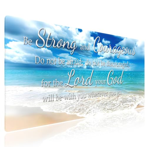 Be Strong and Courageous Large Mouse Pad, Blue Ocean Sunny Beach Desk Mat | Stitched Keyboard Mat, 31.5" x 11.8", Joshua 1:9 Christian Bible Verse Scripture, Inspirational Quote, Religious Coastal Art - color: Vibrant Design J01K