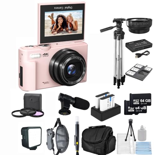 Acuvar 4K 64MP Digital Camera Kit for Photography, Vlogging for YouTube w/Flip Screen, WiFi, Wide Angle Lens, Filters, 2X 64GB Micro SD Cards, 50" Tripod, Case, Card Reader, Microphone, LED & More - style: Professional Kit