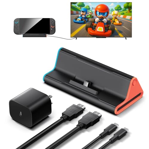 Switch 2 Dock with 60W Charger & HDMI Cable, 4K Portable Docking Station for Nintendo Switch2 Console, Travel TV Connector Stand Base, USB-C Charging Cable, AC Adapter Power Cord, Game Accessories Set