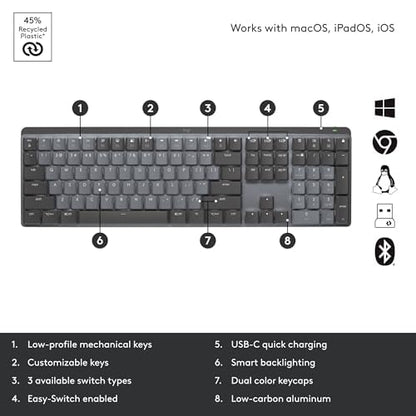 Logitech MX Mechanical Wireless Illuminated Performance Keyboard Linear | USB-C, macOS, Windows, Linux, iOS, Android, metal construction - size: Full Size, style: Linear (smooth typing)