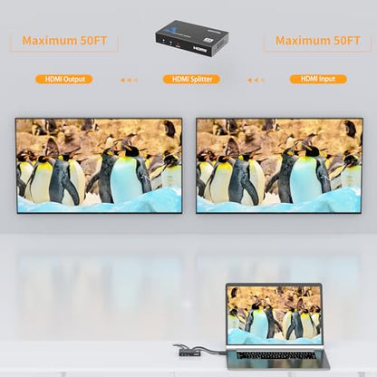 HDMI Splitter 1 in 2 Out, Arvitek 2 Port HDMI Splitter for Dual Monitors, TV, Laptop, Xbox, PS4, 4K@30Hz, Metal Housing, Mirror Only - size: 1x2
