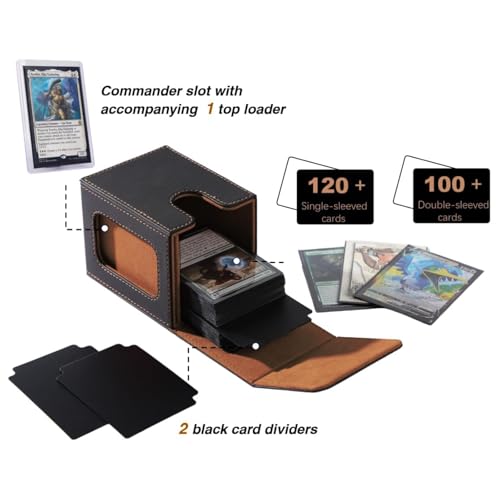 MTG Deck Box with Commander Display, Fits TCG Cards (Black＆Brown) | Holds 120 Single/100 Double-Sleeved Cards, Fit MTG/PTCG/OPTCG Cards, Strong Magnet, PU Leather, With 2 Dividers & 1 Toploader - color: Black＆Brown