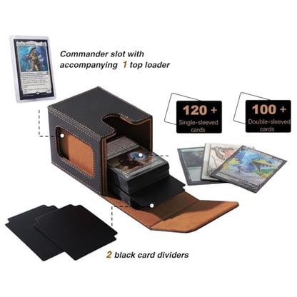 MTG Deck Box with Commander Display, Fits TCG Cards (Black＆Brown) | Holds 120 Single/100 Double-Sleeved Cards, Fit MTG/PTCG/OPTCG Cards, Strong Magnet, PU Leather, With 2 Dividers & 1 Toploader - color: Black＆Brown