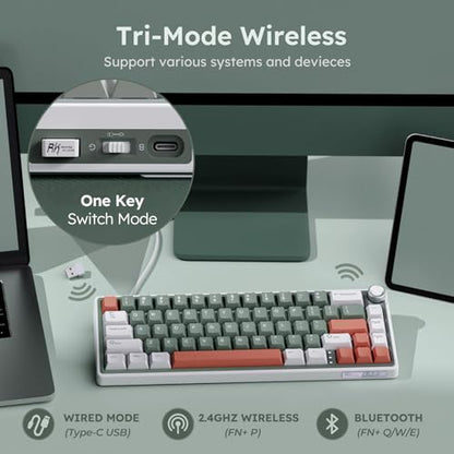RK ROYAL KLUDGE R65 Wireless Mechanical Keyboard with Volume Knob, Tri-Mode 2.4G/USB-C/BT Gasket Mounted 60% Gaming Keyboard with 66Keys, PBT Keycaps, QMK/VIA, Hot Swappable Cream Switch, Clay Green - color: Clay Green