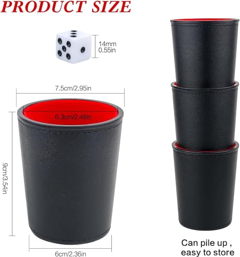 Leather Dice Cup, Quite Felt-Lined Interior, 6 Shaker Cups and 30 Dot Dices, one Carry Bag (Black and Red) - color: Black and Red