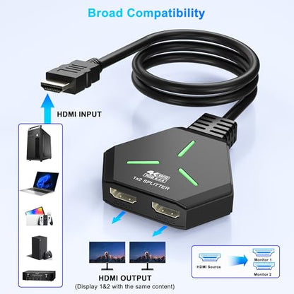 HDMI Splitter 1x2, 4K@60Hz HDMI 2.0 Splitter 1 in 2 Out for Dual Monitors, 1 Source to 2 Displays, Supports 18Gbps High Speed, HDCP 2.2, 3D, HDR, Compatible for Projector/TV/Monitor.