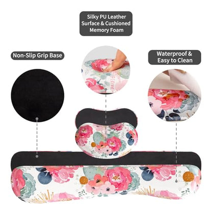 QIYI PU Leather Desk Mat Set, 4-in-1 Ergonomic Wrist Rest, Pink Flowers | Waterproof Large Mouse Pad 31.5×15.7 + Keyboard Wrist Rest + Mouse Wrist Support+Coaster, Non-Slip Office Gaming Accessories - color: Watercolor Pink Flowers