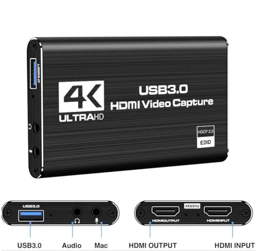 4K HDMI to USB3.0 Capture Card,1080P 60FPS, Audio Video Capture Card for Game Capture Card Nintendo Switch Streaming Work with PS4/PS5/PC/OBS/Camera/Xbox (Black) - color: Black