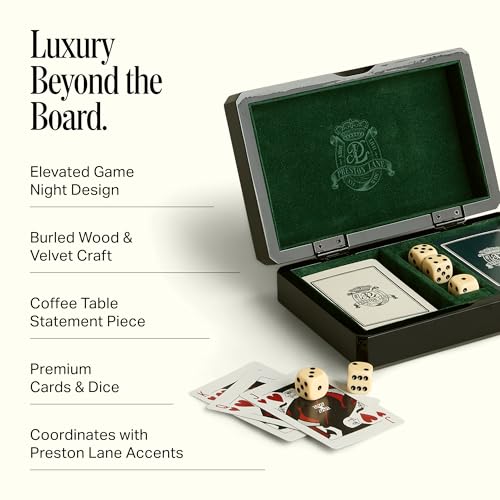 Preston Lane Chester Wooden Game Box - Playing Cards & Dice Set, Home Decor | Playing Cards Holder, Dice Set and Tray, Velvet Lined, Coffee Table Decor for Living Room, Adults and Family Game Nights