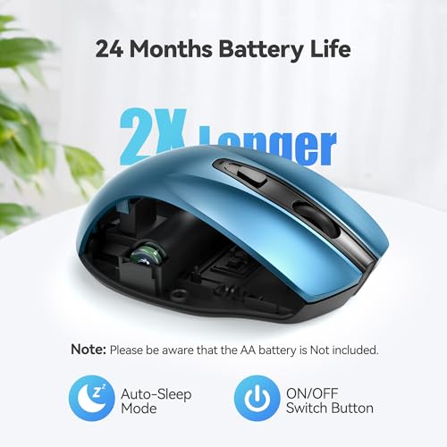 TECKNET Wireless Mouse, 2.4G Ergonomic Computer Mouse, 2600 DPI, Azure | Ergonomic Design with Side Grips, Adjustable DPI, 2-Year Battery, Compact Size, USB-A Plug & Play, Wide OS Compatibility - color: Azure