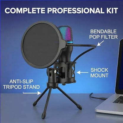 USB PC Condenser Microphone, RGB Light with Tripod & Accessories for Compatible with PS4/5 PC Podcast Streaming