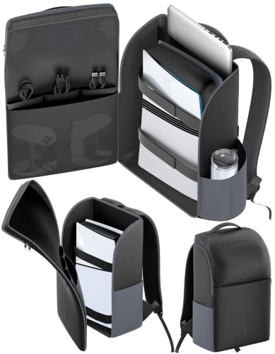 LVVIL Backpack for P5/ Slim/ Pro Console, Fully Zip-Open P5 Carrying Case Travel Bag, Large Capacity P 5 Storage Bag for Dual Controllers,P S Portal, Laptop, Game Cards, with 3 Cable Pouch, Gray - color: Gray