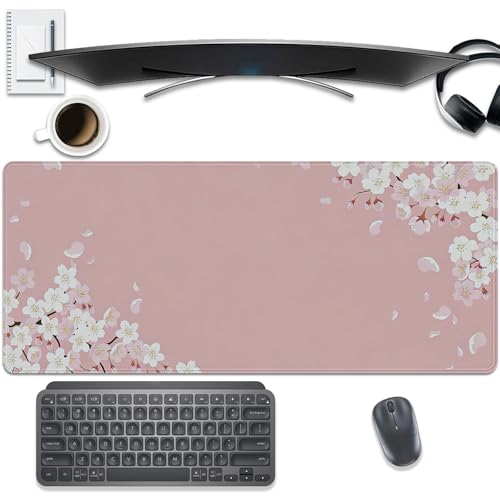 Pink Cherry Blossom Large Mouse Pad Desk Mat, 27.5x11.8in Japanese Sakura Floral Extended Keyboard Mousepad with Stitched Edges, Non-Slip Waterproof Rubber Base for Office, Computer & Laptop - color: Pink Cherry Blossoms