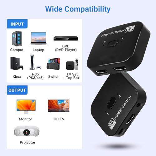 8K HDMI Switch Splitter 2 in 1 Out, Bi-Directional Switcher Support 48Gbps 4K@120Hz 8K@60Hz 4K@144Hz for PS5/PS4,HDTV,Xbox,Fire Stick