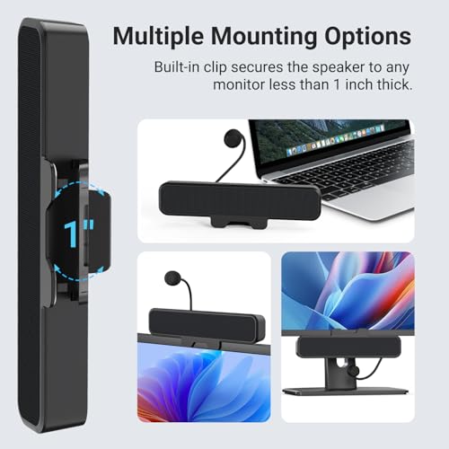 INGA Computer Speakers with Detachable Mic, Plug and Play Desktop Speakers, One-Touch Mute Microphone, Stereo & Bass, Easily Clamps to Monitor, Compatible with PC, MAC, Laptop - size: Speaker with Mic