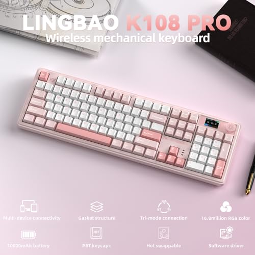 LINGBAO K108 Pro Wireless Mechanical Keyboard with Screen & Knob, Full Size Creamy Keyboard with Number Pad, 10000mAh Battery, PBT Keycaps, RGB Backlit, Hot-swappable Pink Gaming Keyboard for PC/Mac - color: White & Pink