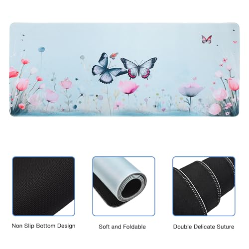 MEGREZ 4-in-1 Mouse Pad with Wrist Rest Ergonomic Memory Foam Desk Mat Set | ergonomic, anti-slip base, 4pcs set, desk pad, mouse wrist rest, keyboard rest, coaster, ideal for office & gaming - color: Green Butterfly Pink Flower