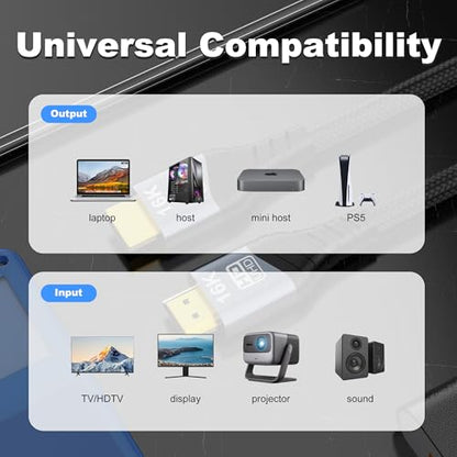 16K HDMI Cable , 96Gbps Ultra High Speed HDMI2.2 Cable 16K@30Hz 10K120Hz 8K@60Hz 4K@240Hz Cord, HDCP 2.3 & HDR10 eARC for Compatible with PS5/Xbox /Roku TV/Gaming PC/Blu-ra (HDMI2.2 16K 16.5FT) - size: HDMI2.2 16K 16.5FT