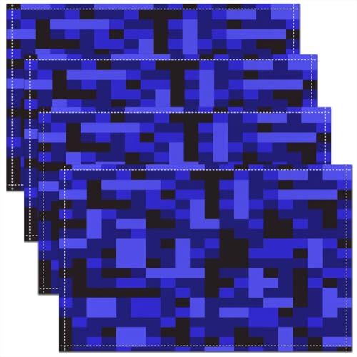 Pixelated Blocks Kids Placemats Set of 4,Army Camouflage Miners Game Table Place Mats,Geometric Grid Patchwork Kitchen Decor,Black Dark Blue Placemat Kitchen Table Decoration 12"x18" - color: Black Dark Blue