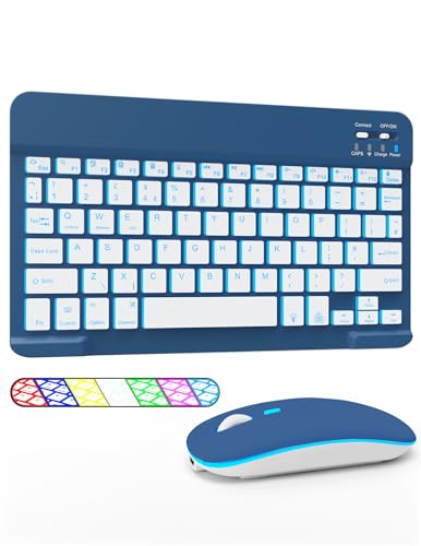 LAMA 7 Colors Backlit Bluetooth Keyboard and Mouse Combo for iPad Pro/Air/Mini, Ultra-Slim Rechargeable Wireless Keyboard and Mouse for iPhone 15/14/13 Pro/Samsung/PC/Laptop/iOS/Windows/Android,DBL - color: Dark Blue