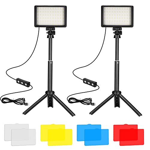 LED Video Light 2-Pack, 5600K Dimmable USB Photo Lights with Mini Tripod and Colored Filters for Photo Studios, Small Angle Shooting, Video Recording, Game Streaming