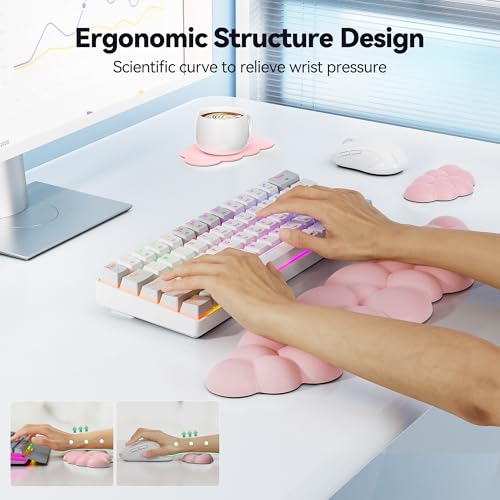 TECKNET Cloud Keyboard Wrist Rest Set, Cloud Wrist Rest with Non-Slip Base, PU Leather Wrist Pad for Keyboard with Ergonomic Memory Foam for Computer Laptop Office Gaming and Pain Relief, Light Pink - color: Light Pink