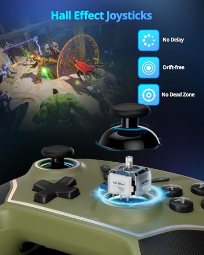 Multi-Platform Wireless Controller, PC Gaming Controller with 2.4G Adpater/Hall Joysticks/Hall Triggers/1200 mAh Battery/4 Programmable Buttons/RGB Lighting, Compatible with PC Windows 7/8.1/10/11, Switch/OLED/Lite, iOS, Android, Steam-Army Green - color: