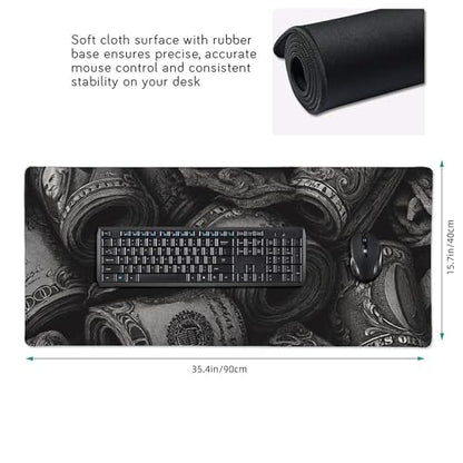 Extra Large Gaming Mouse Pad, Money Design Pattern, Black and White, 35.4 x 15.7 inches, Non-Slip Rubber Base, Stitched Edges - color: Black and White Stripe Money