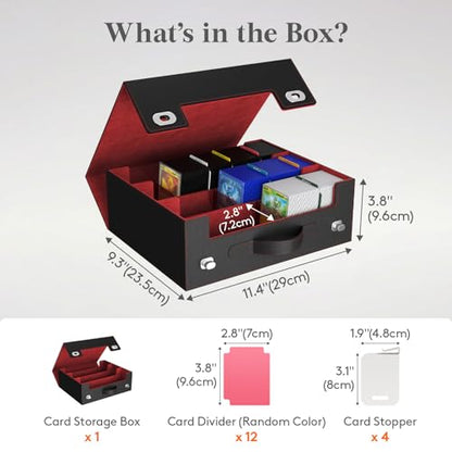 Lifewit Trading Card Storage Box with Handle, Holds Up to 1800 Sleeved Cards with 12 Adujstable Dividers & 4 Stoppers, Aluminum Closure PU Leather Case for MTG, PTCG, YGO, Sports Cards, Black& Red - color: Black&Red
