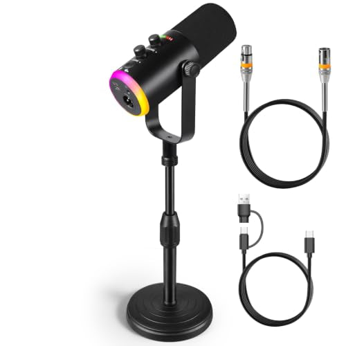 XLR USB Dynamic Microphone for Vocal Recording, Gaming, with Headphone Jack, Volume Control, Mute Button. Cardioid Microphone for Sound Cards, Mixers, PC, MAC (Microphone with Desk Stand) - size: Microphone with Desk Stand