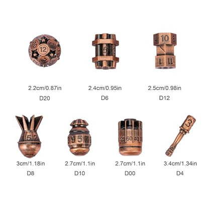 UDIXI Metal DND Dice Set 7PCS RPG Polyhedral Metal D&D Dice Set Copper | Bomb Shape, Solid Metal, Cool Design, Leather Pouch Packaging, for Dungeons and Dragons Role Playing Games Tabletop Games - color: Ancient Copper