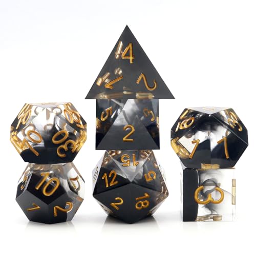 Haxtec Sharp Edge DND Dice Set, Black Swirls Resin Polyhedral RPG Dice | Dark Soul D&D for Role Playing Games, Compatible with Dungeons and Dragons, Handmade 7-Die with Metal Case, TTRPG Gifts - color: Black