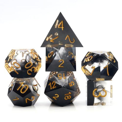 Haxtec Sharp Edge DND Dice Set, Black Swirls Resin Polyhedral RPG Dice | Dark Soul D&D for Role Playing Games, Compatible with Dungeons and Dragons, Handmade 7-Die with Metal Case, TTRPG Gifts - color: Black