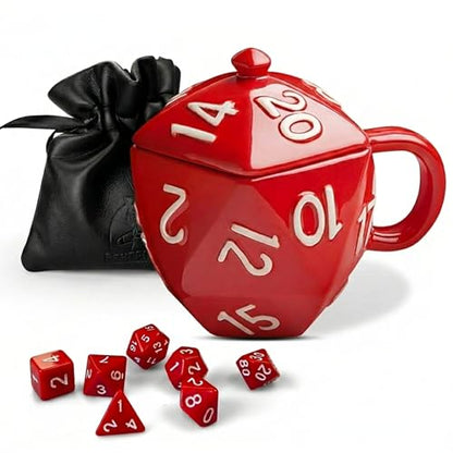 D20 Mug Gift Set by Generix Geek — 7 Red Polyhedral Dice, Ceramic Mug with Lid & Vegan Leather Pouch | DND Dungeons Dragons Tabletop RPG Gift