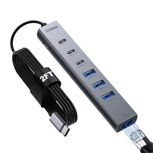 intpw USB C Hub with Ethernet, 8-Port USB Hub 3.0 Multiport Hub with 3 USB-C &3 USB-A Port 5Gbps,USB Splitter, Gigabit Ethernet, Aluminum USB Extender Hub Long Cable for MacBook, Desktop, Laptop, PC - color: 1.97ft, size: 8-in-1 (Ethernet)