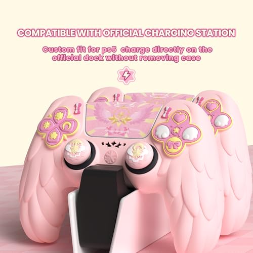 PlayVital Magic Wings Protective Silicone Cover Skin for ps5 Controller – Soft Anti-Slip Grip Protector Case for ps5 Controller with Thumbstick Caps & Stickers, Charging Station Compatible - Pink - color: Pink