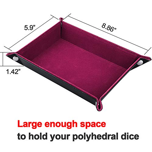 SIQUK Double Sided Dice Tray Folding Rectangle PU Leather and Dark Rose Red Velvet Dice Holder - color: Dark Rose Red