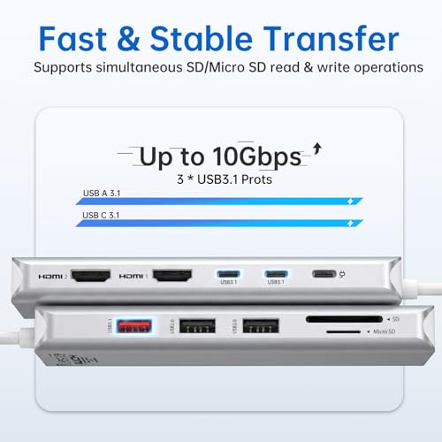USB C Laptop Docking Station Dual Monitor Dual HDMI 4K DP Triple Display Hub, 13 in 1 MOKiN USB C Hub with 3 Monitors, DisplayPort, USB 3.1, RJ45, 100W PD, Card Reader, Audio/Mic, for Dell HP, Sliver