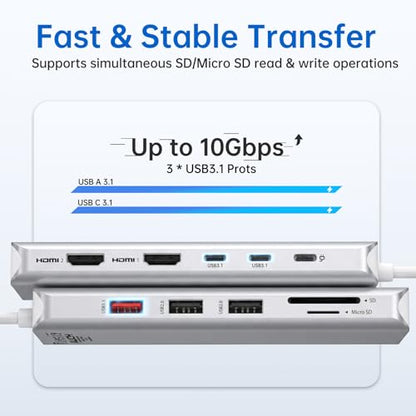 USB C Laptop Docking Station Dual Monitor Dual HDMI 4K DP Triple Display Hub, 13 in 1 MOKiN USB C Hub with 3 Monitors, DisplayPort, USB 3.1, RJ45, 100W PD, Card Reader, Audio/Mic, for Dell HP, Sliver