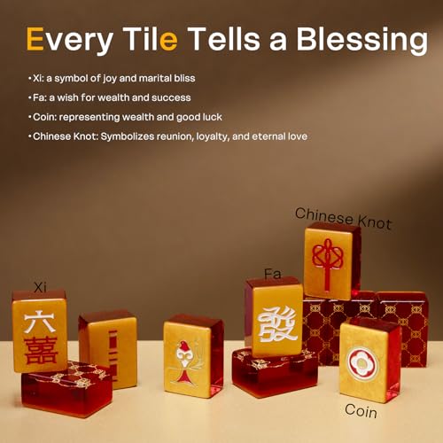 Luxury Chinese Mahjong Set - 144 Professional Acrylic Tiles with Red Designer Handbag Case - Double Happiness Art Edition for Weddings, Anniversaries& New Year - Premium Cultural Collectible gift - color: Red 1