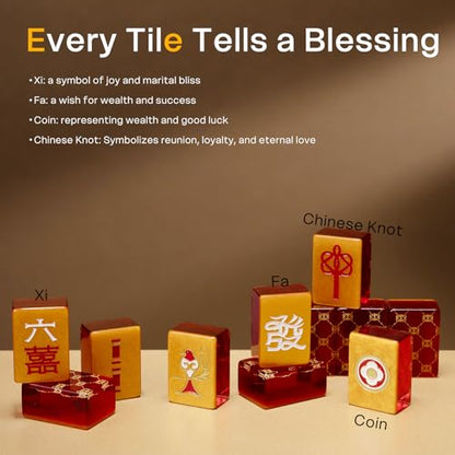 Luxury Chinese Mahjong Set - 144 Professional Acrylic Tiles with Red Designer Handbag Case - Double Happiness Art Edition for Weddings, Anniversaries& New Year - Premium Cultural Collectible gift - color: Red 1