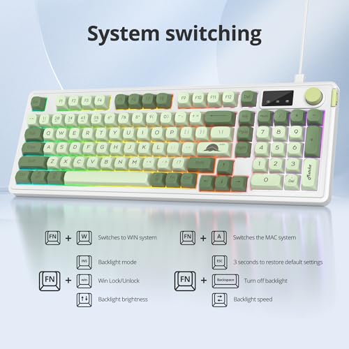 Owpkeenthy 96% Wireless Matcha Green Keyboard with Number Pad Knob, 98 Keys Silent Mechanical Feeling Membrane Creamy Gaming Keyboard 3-Mode Wired/Bluetooth 5.0/2.4G for Win/Mac(98 Matcha) - color: 98 Matcha